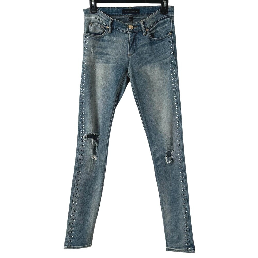 Juicy Couture Y2K Jewel Embellished Distressed Denim Skinny Jeans Low Rise Sz 25